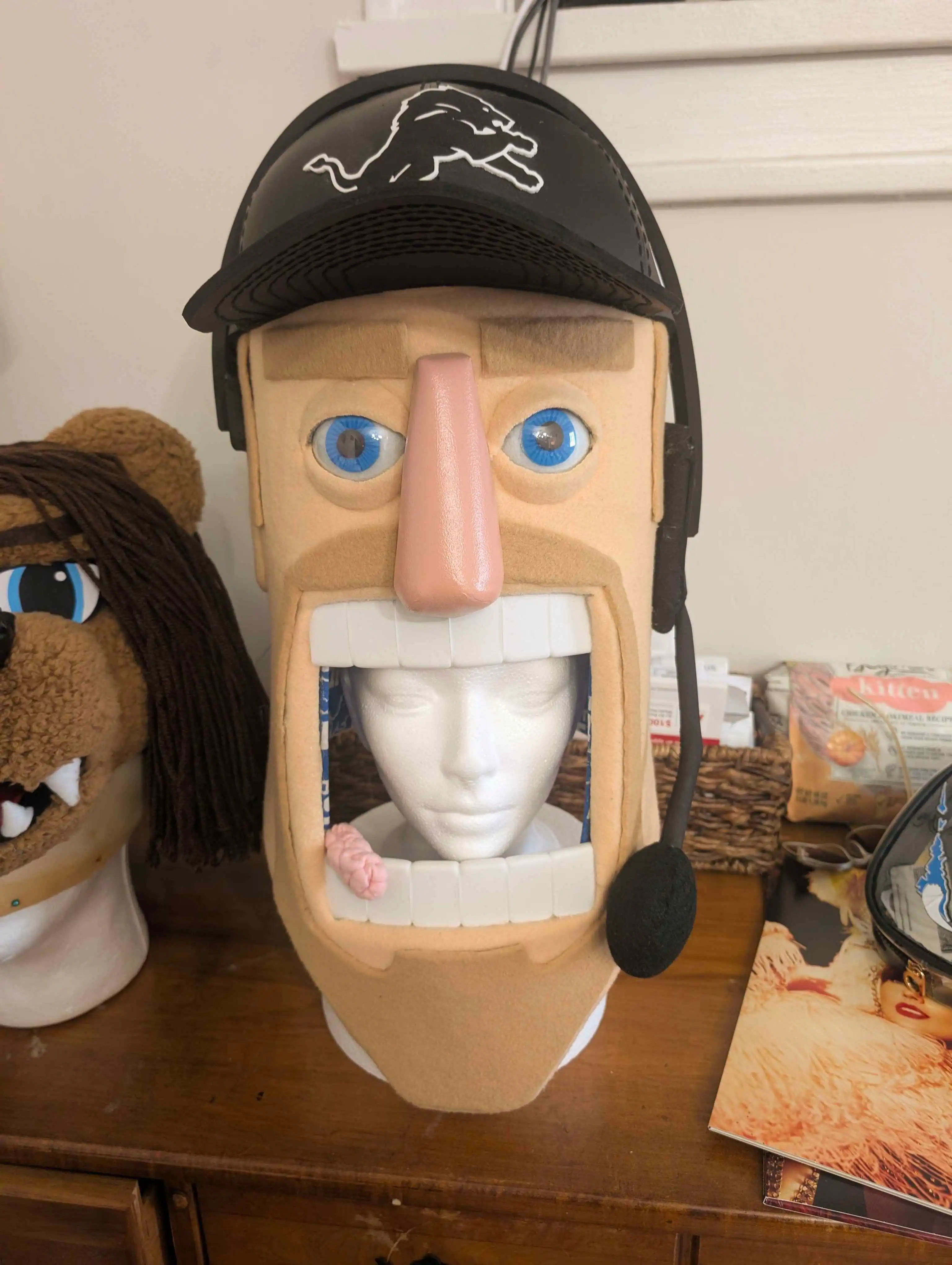 Foam mascot head cosplay project built with fiber and foam details